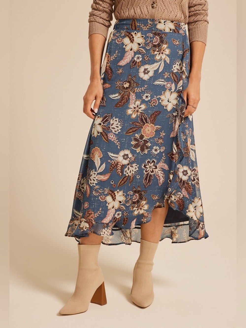 Maurices Floral Wrap Midi Skirt XL High Rise Blue Boho Ruffle Hem NWT